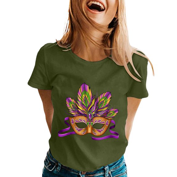 Tisuna Mardi Gras T Shirt For Women Fashion Print Short Sleeve Crew Neck Tops Casual Comfortable Ladies Festival Pullover Outfits Army Green
