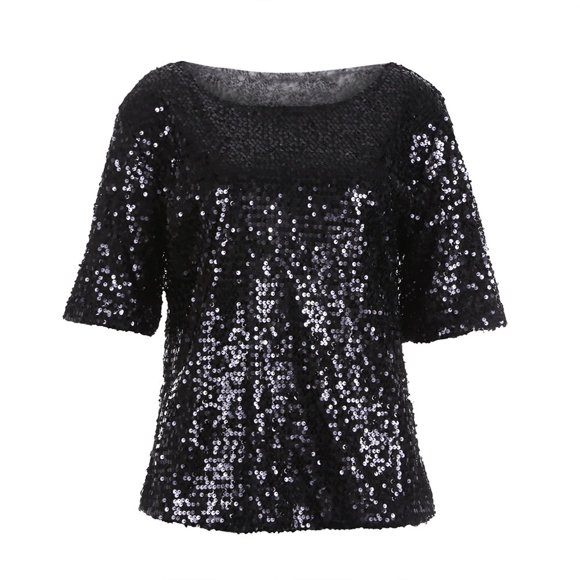 Women‘s Summer Sequins Tops Glitter Party Shirt Short Sleeve Sparkle Blouses T-Shirt