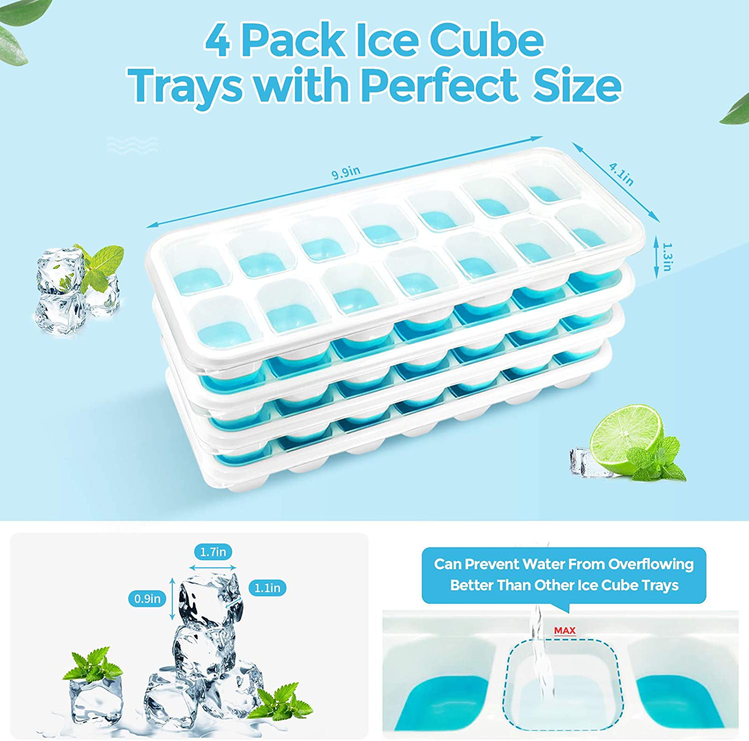 DOQAUS Ice Cube Trays 4 Pack, Easy-Release 56 pcs Ice Cubes Maker with  Spill-Resistant Removable Lid, LFGB Certified and BPA Free, Stackable  Flexible