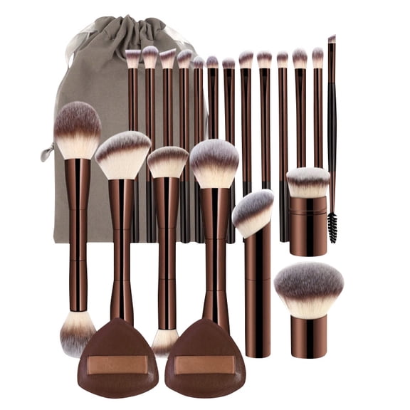 20 Pcs Makeup Brushes with 2 powder puffs, Double-End Multi-functional Makeup Brushes for Blending Liquid Powder Concealer Cream Blush Buffe,CoffeeBrown