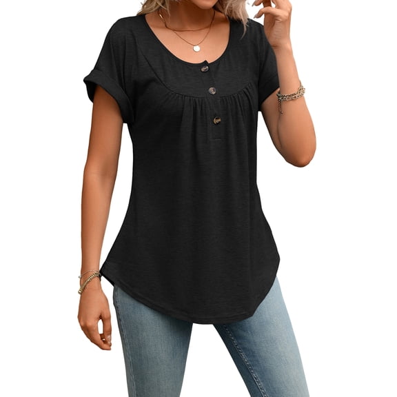 Women's Tops Dressy Casual Blouses Short Sleeve Shirts Clothing Summer Outfits Button Pleated Front Black S