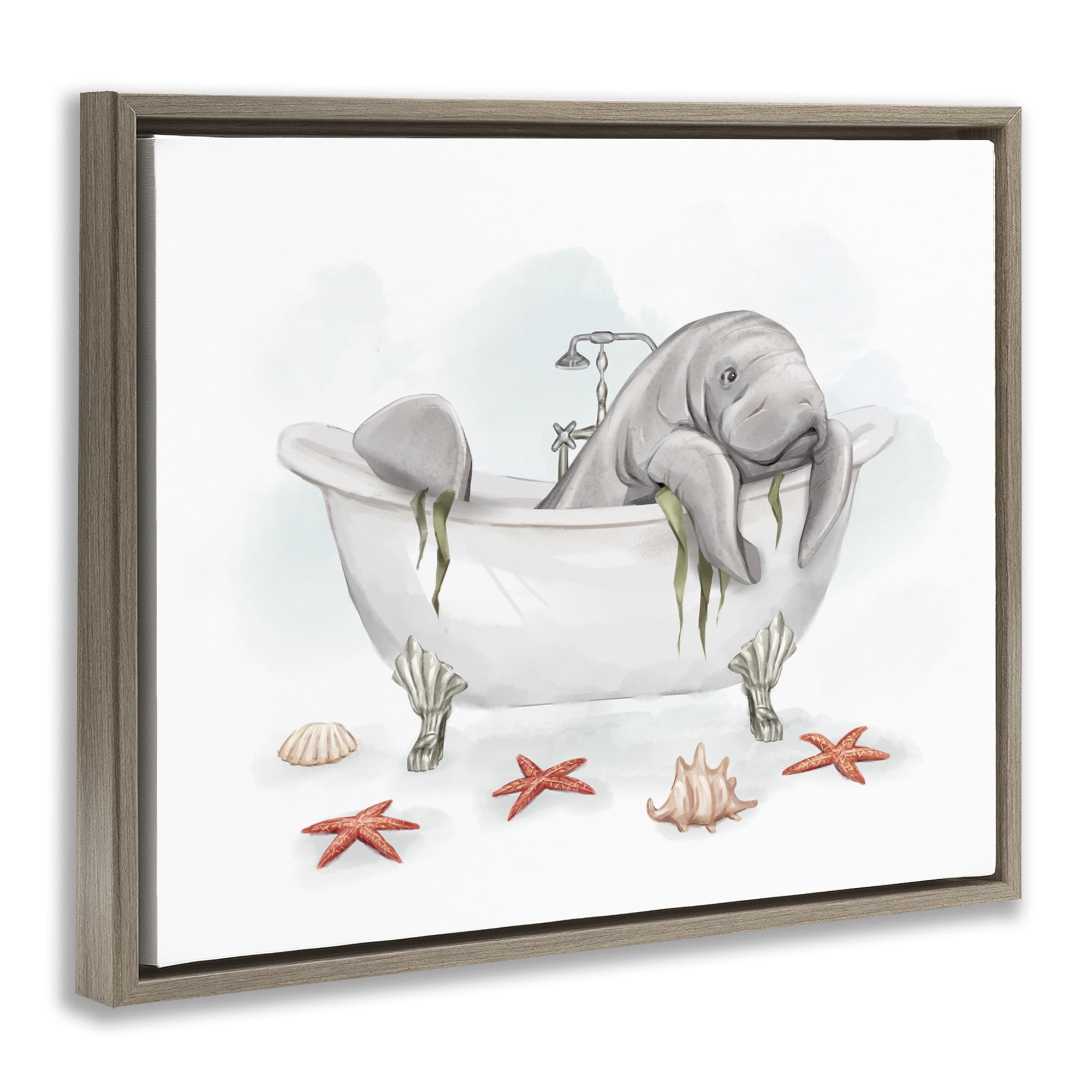 Stupell Industries Manatee Sea Life in Bathtub Animals & Insects Painting Brown Floater Framed Canvas Art Print Wall Art, 21 x 17