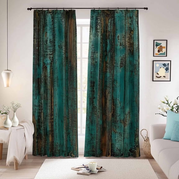 Teal Brown Plank Blackout Curtains for Bedroom/Living Room, Pinch Pleated Black Out Curtains, Vintage Chic Shabby Wooden Grain Room Darkening Window Drapes with Hooks 2 Panels, 59"x70"