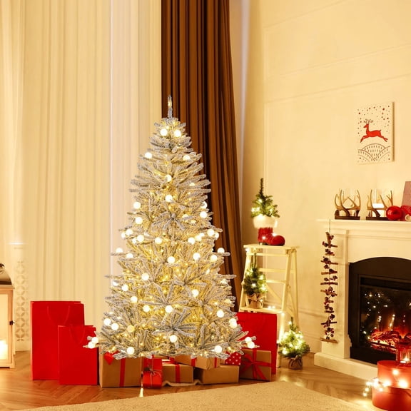 Harmijoy 6 FT Pre-Lit Artificial Christmas Tree, Snow Flocked Hinged Xmas Tree with 51 Sphere Lights 250 LED Lights, 3 Modes, Remote, Home Office Holiday Party Decoration