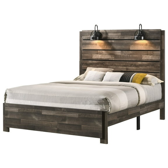 Contemporary Rustic Brown Finish King Size 1Pc Panel Bed Built in Lighting Headboard Bedroom Wooden Furniture