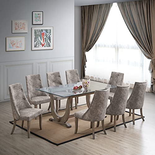 Kings Brand Furniture - Elmer 9 Piece Glass Top Dining Set, Table & 8 Chairs, Gray