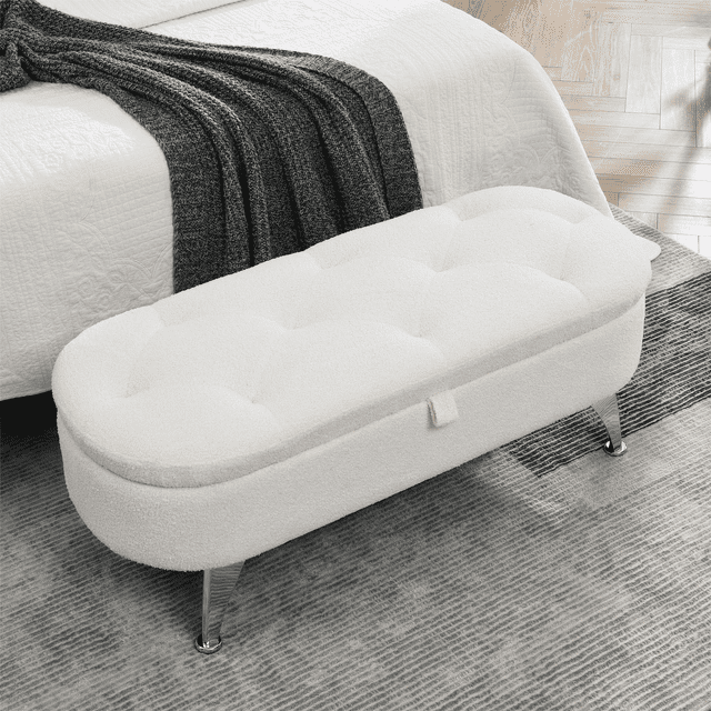 KOSSMAI Banc de Rangement Capitonné avec Pieds en Métal pour Salon Chambre Bureau Entrée Blanc