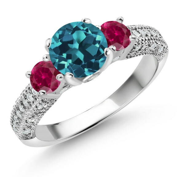 Gem Stone King 925 Sterling Silver London Blue Topaz Red Created Ruby and White Moissanite Engagement Ring for Women (2.28 Cttw, Gemstone November Birthstone, Round 7MM and 4MM, Size 5)