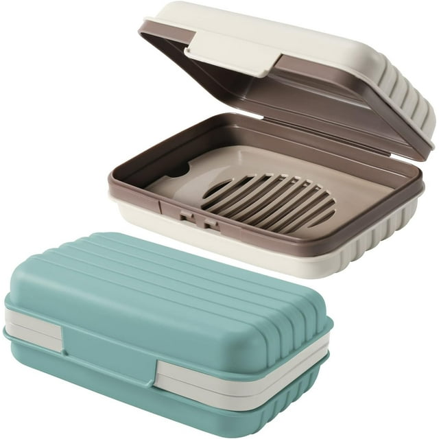 2 Pack Prueba de Fugas Jabonera de Viaje, Jaboneras para Baño con Bandeja de Drenaje, Jabonera Portátil para Viajes, Camping, Actividades al Aire Libre, Gimnasio, Baño (Gris+Azul)
