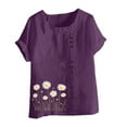 thumbnail image 4 of Cmfcve Women's Graphic Tops Short Sleeve Round Neck Cotton Linen Tee Shirt Daisy Printed Henley Blouse, 4 of 5