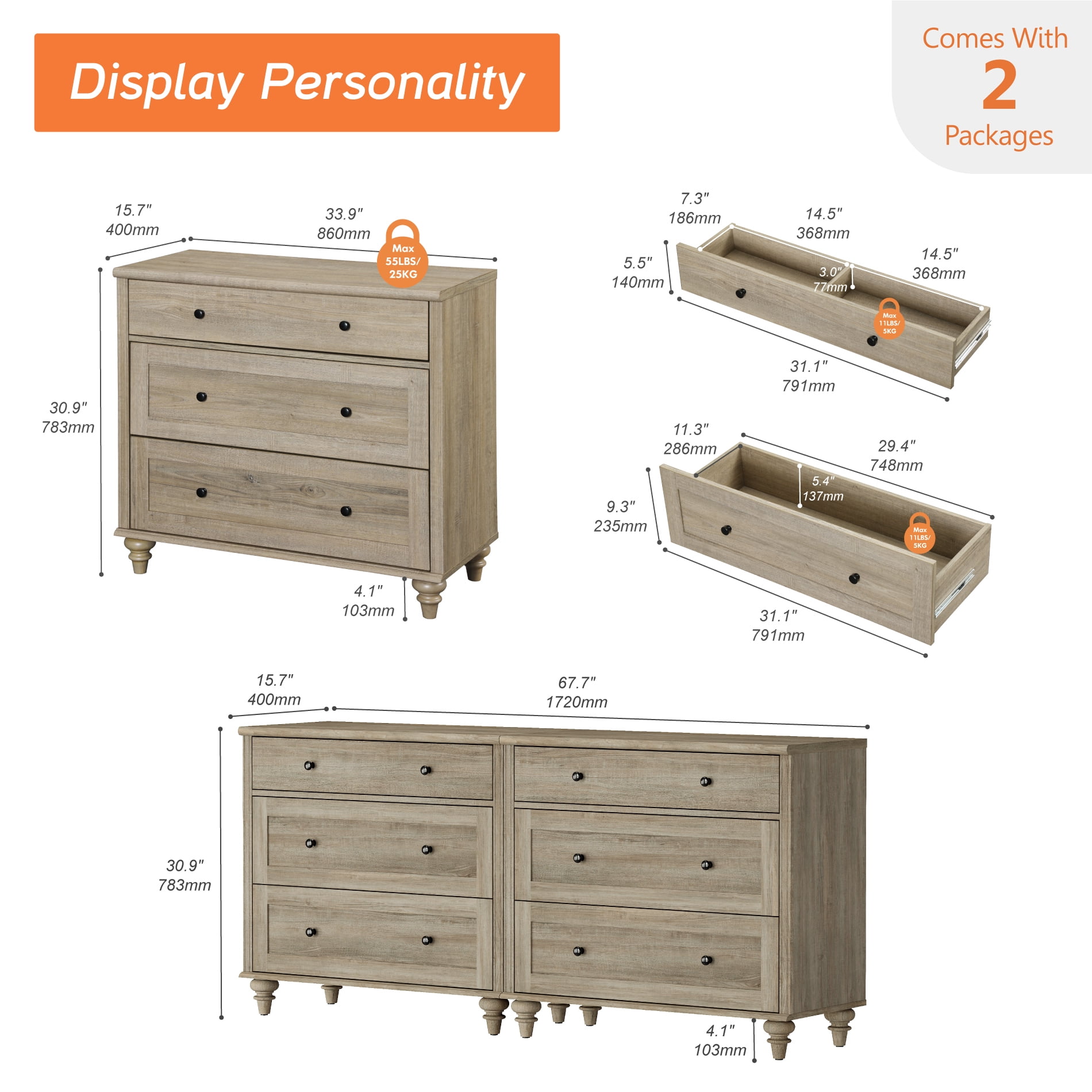 WAMPAT Set of 2 End Table With 6 Drawers, Mid Century Modern Wooden Nightstand Closet Storage Organizer for Bedroom, Living Room, Wash Grey, (2 PCS)