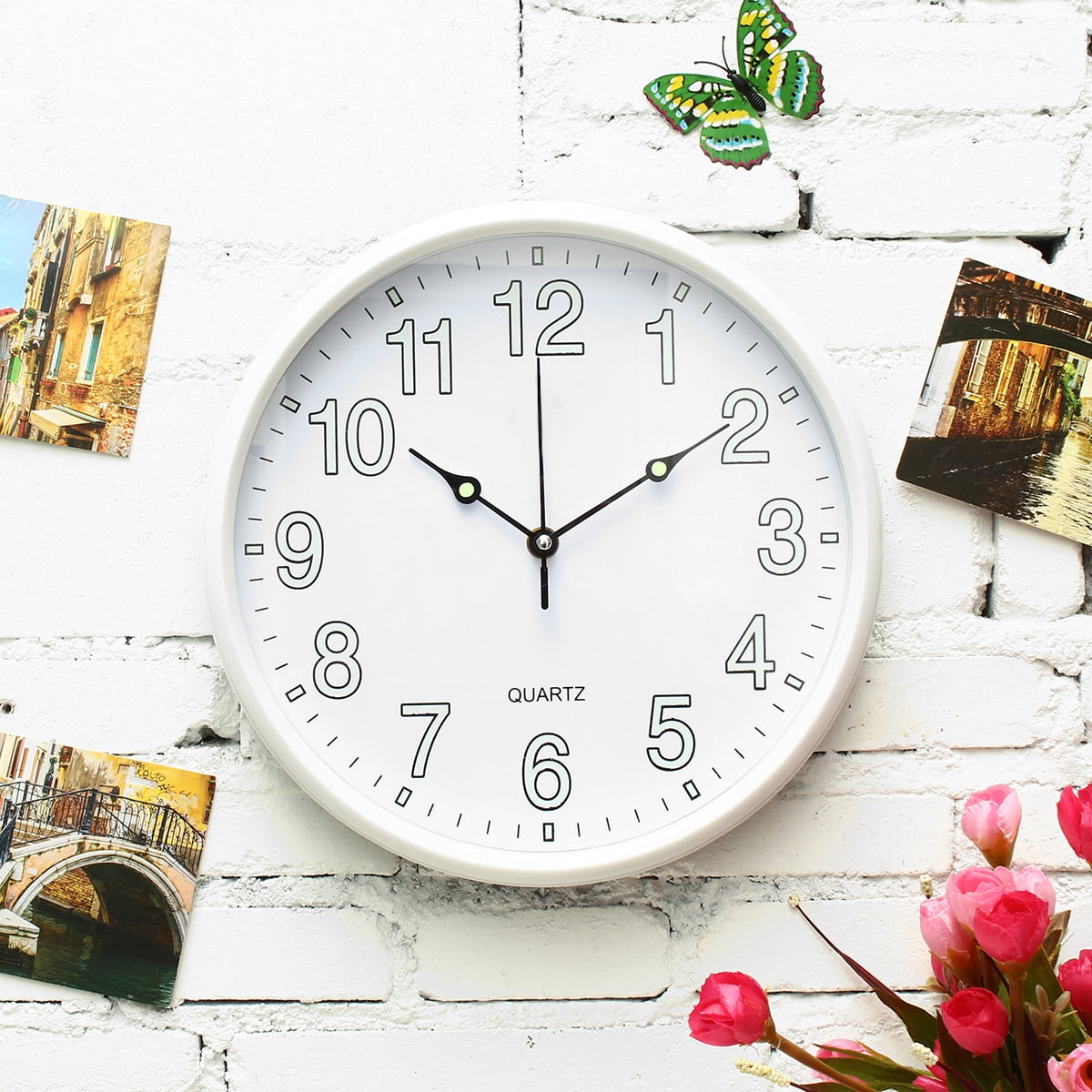 12'' Wall Clock Glow In The Dark Silent Quartz Indoor Outdoor White