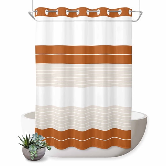 No Hook Shower Curtain, Orange Beige Stripe Shower Curtains for Bathroom with See Through Top Window, Modern Art Horizontal Striped Waterproof & Washable Bath Curtain Extra Long 72"x96"