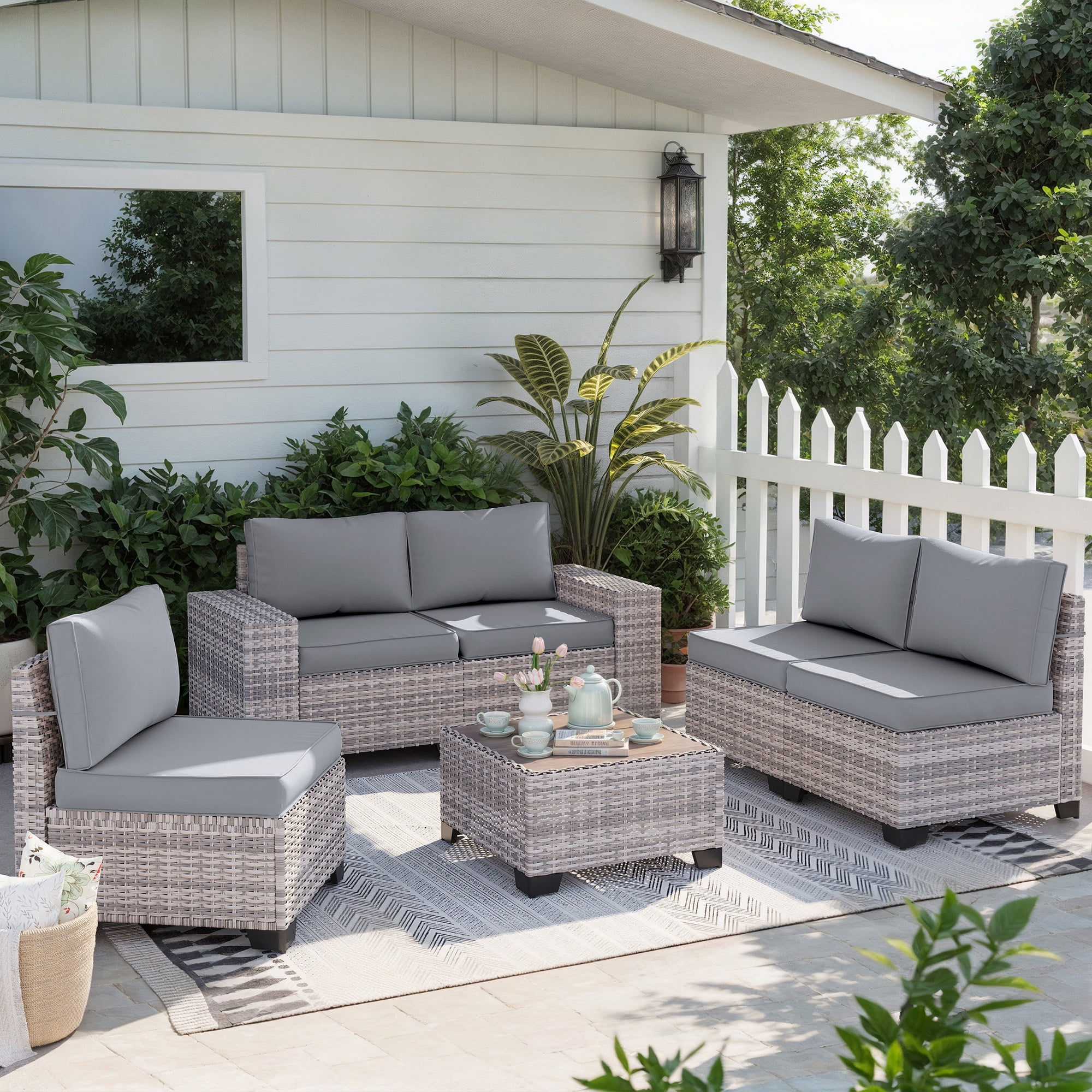 Sweecci 6 Piece Outdoor Patio Furniture Set, Ergonomic Wicker Patio Sectional Sofa with Stable Feet, 4" Cushions Conversation Set with Wood Table for Backyard Garden Deck,Grey