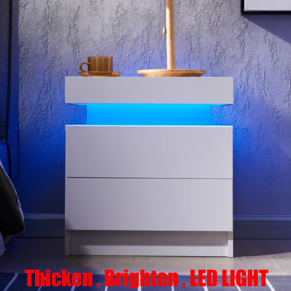 High Gloss Bedside Table Thicken LED Nightstand With 2 Drawers,Brighten LED Light Strip