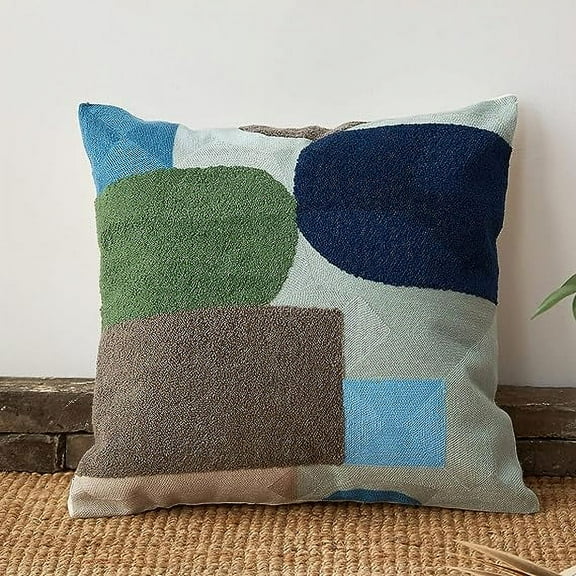 NAMZI Boho Geometric Tufted Decorative Throw Pillow Cover Farmhouse Cotton Embroidery Accent Square Cushion Case for Couch Sofa Bed (EmbroideryF, 18"x18")