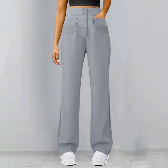 Delayuji Womens Straight Leg Pants High Waist Wide Leg Pants Button Down Pants With Pockets Yoga Pants
