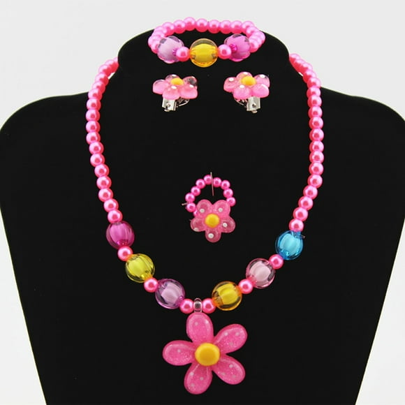 Kids Baby Girl Fashion Jewelry Resin Flower Modelling Necklace + Hand Chain + Earrings + Ring