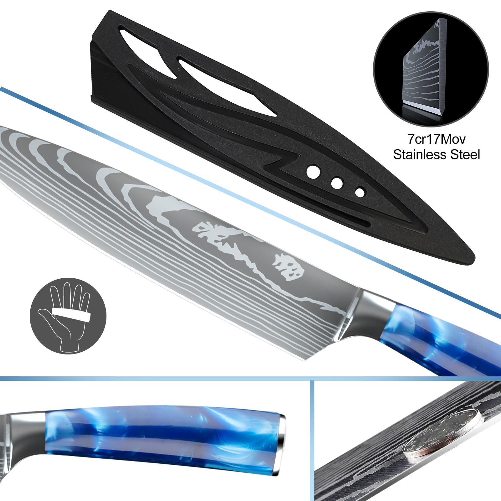 MDHAND Kitchen Chef Knife Set, 8-Piece Japanese Knife Set with Blue Resin Handle and Laser Damascus Pattern