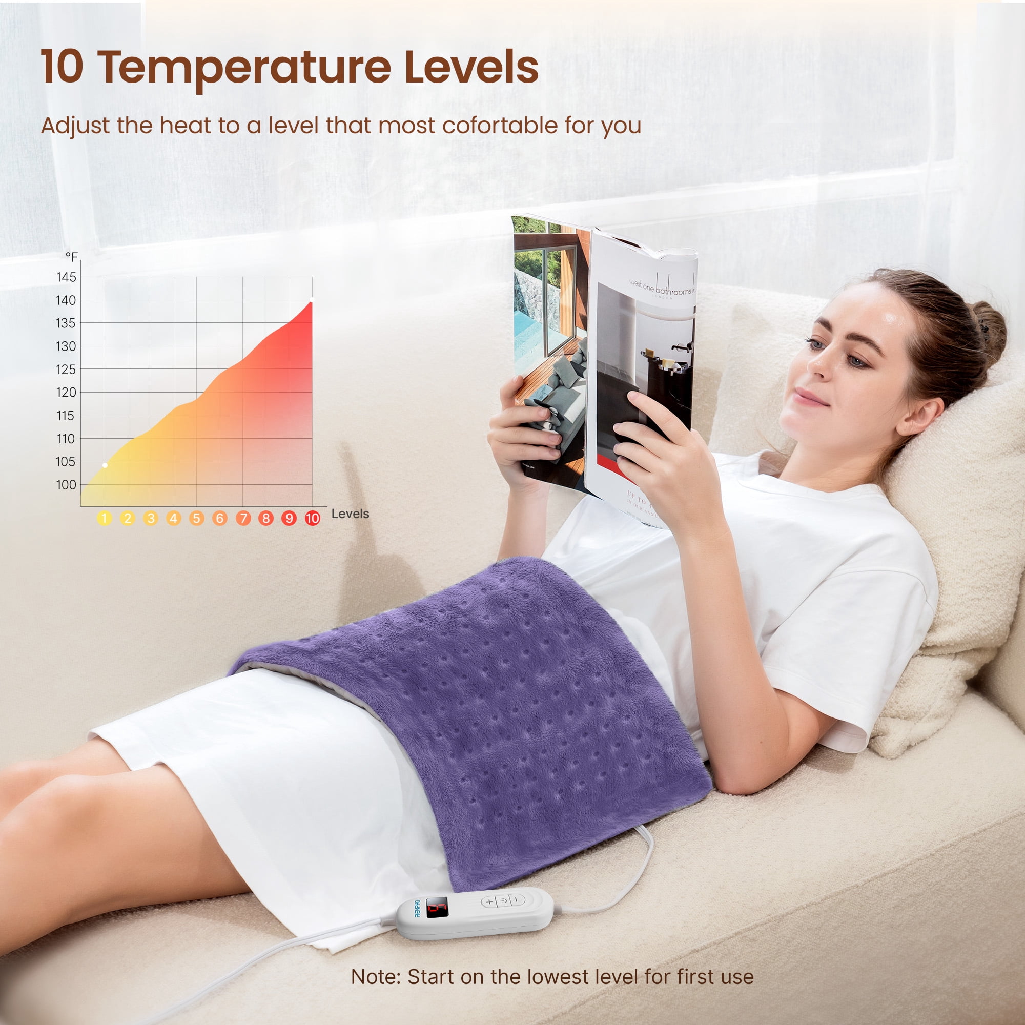 RENPHO Heating Pad for Back Pain Relief & Period Cramps, Hsa Fsa Eligible, Heat Pad for Neck and Shoulder,12"x24", Mothers Day Birthday Gifts for Women Men, White Purple