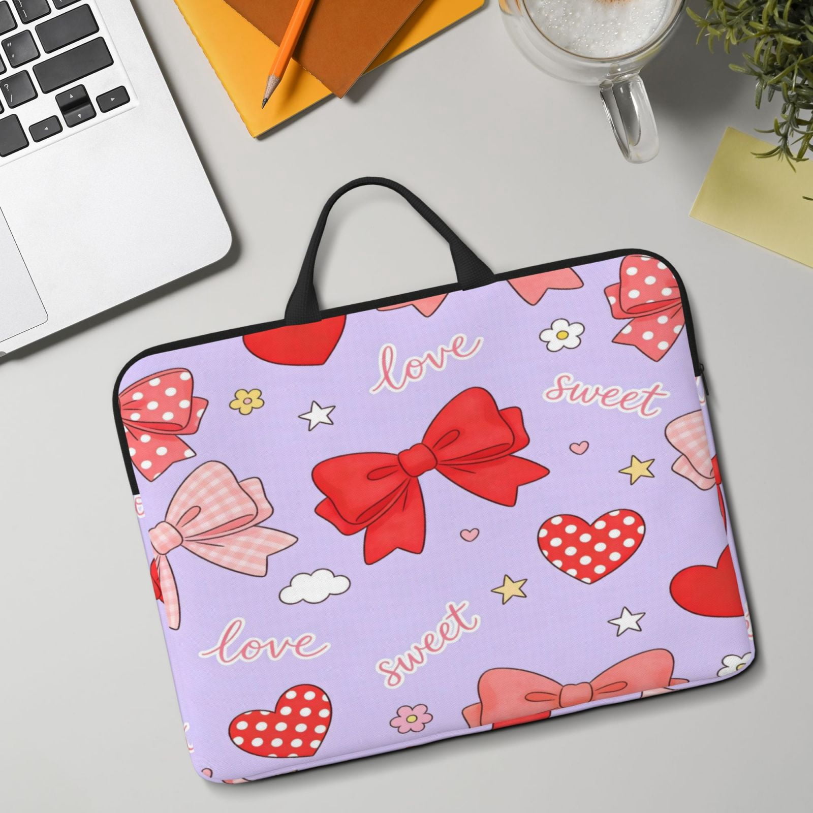 Laptop Sleeve Bag For Women Men 14inch Waterproof Durable Protective Computer Carrying Cover Handle Laptop Case Bag Sweet Love Bow Heart Light Purple