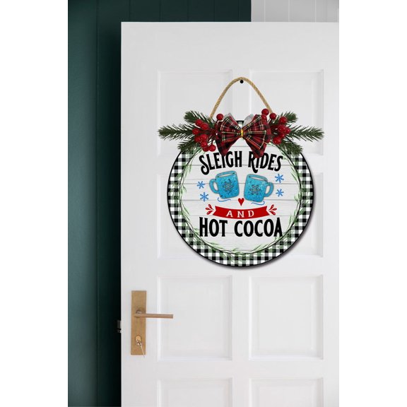 Eveokoki Front Door Porch Decorations Sleigh Rides And Hot Cocoa Door Hanging Sign 11 inch Wooden Wall Sign, Rustic Holiday Wreath Decor for Front Door Porch Home Window Wall Farmhouse Decorations