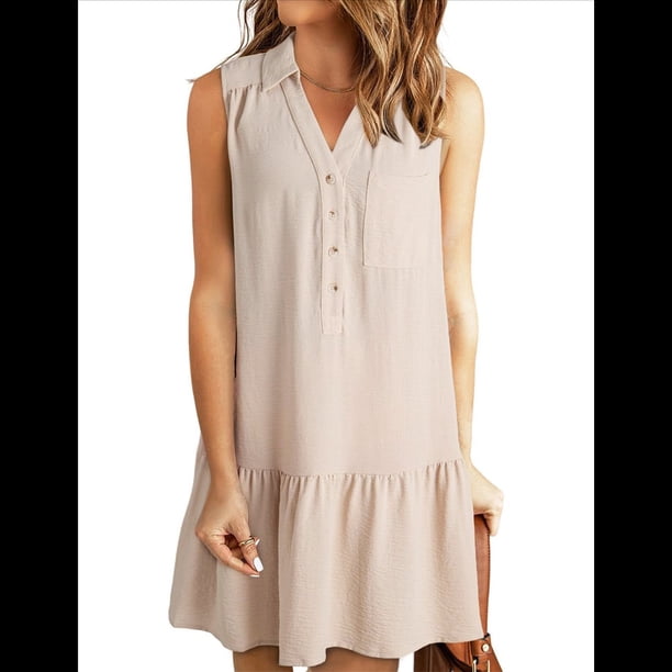 Vestidos de Mujer Verano 2025, Minivestido de Tirantes con Cuello en V, Abotonado, Sin Mangas, con Bolsillos, Color Albaricoque L