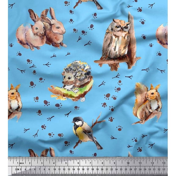 Soimoi Cotton Duck Fabric Footprint,Owl & Rabbit Animal Print Sewing Fabric Yard 42 Inch Wide