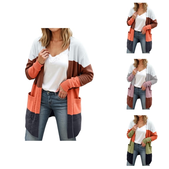 Women's Cardigan Long Striped Patchwork Jacket With Large Pockets For Casual And Style Cardigan Sweaters for Women