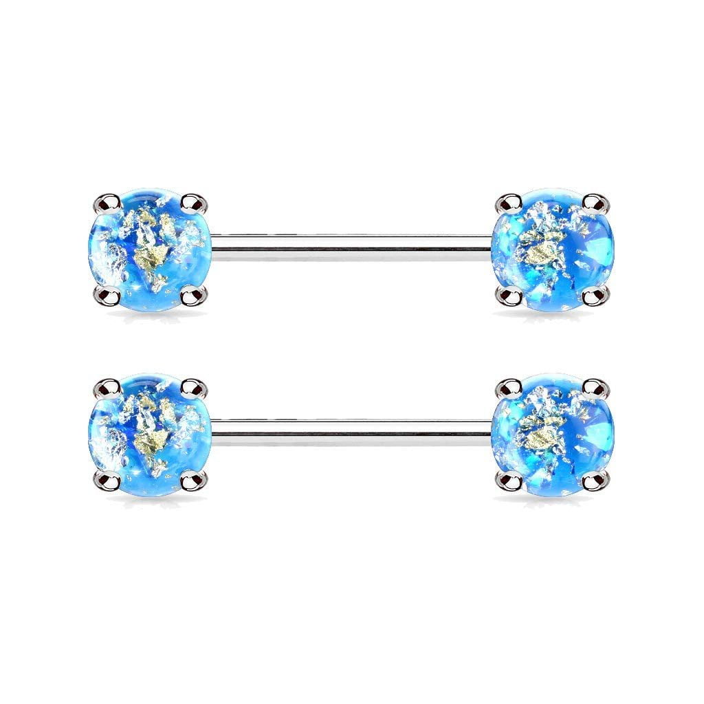 16mm Aqua Blue and Silver Stainless Steel Sparkle Tongue Nipple Piercing Bar Barbell