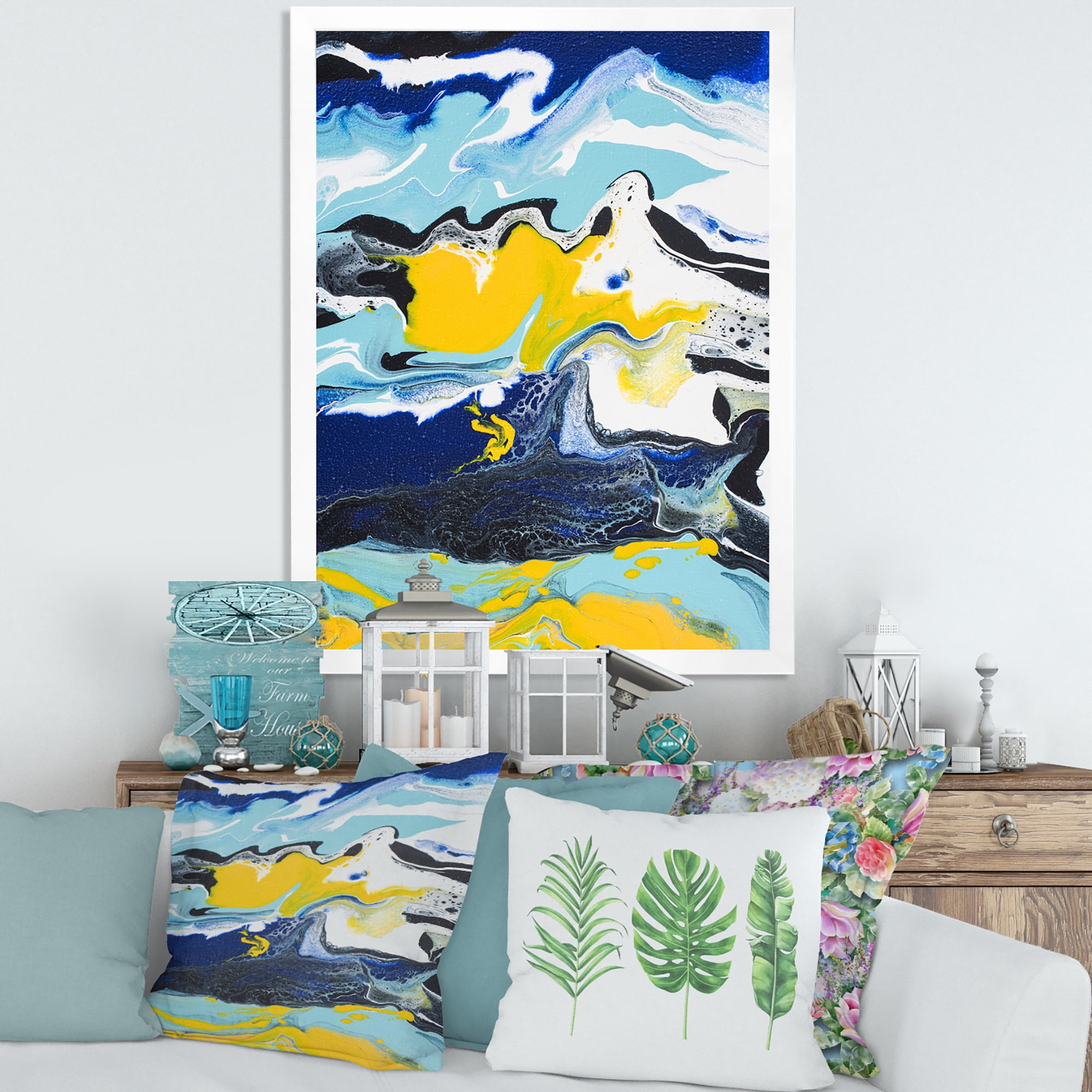 Designart 'Abstract Marble Composition In Blue and Yellow II' Modern Framed Art Print