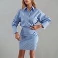 thumbnail image 2 of Huowey Women Shirt Dress Set Striped Long Sleeve Button Down Casual Collared Shirt Bodycon Mini Dress Fashionable Slim Fit Ruched Trendy Outfits,Blue,L, 2 of 9