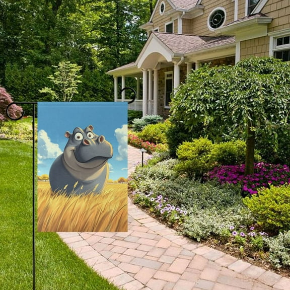 Cartoon Hippo Garden Flag 12x18 inch Double Sided Outside Yard Decorations for Home Outdoor