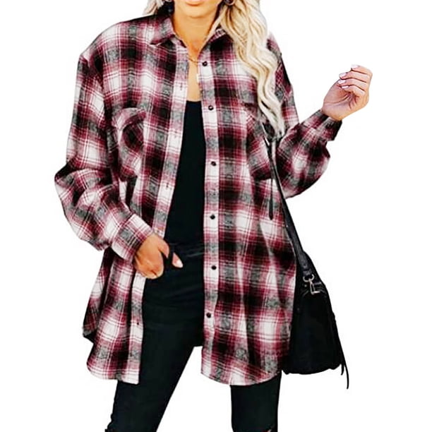 Puntoco Damas Moda Casual Suelto Solapa Cardigan A Cuadros Bolsillo Camisa Abrigo Liquidación Puntoco Puntoco-2029