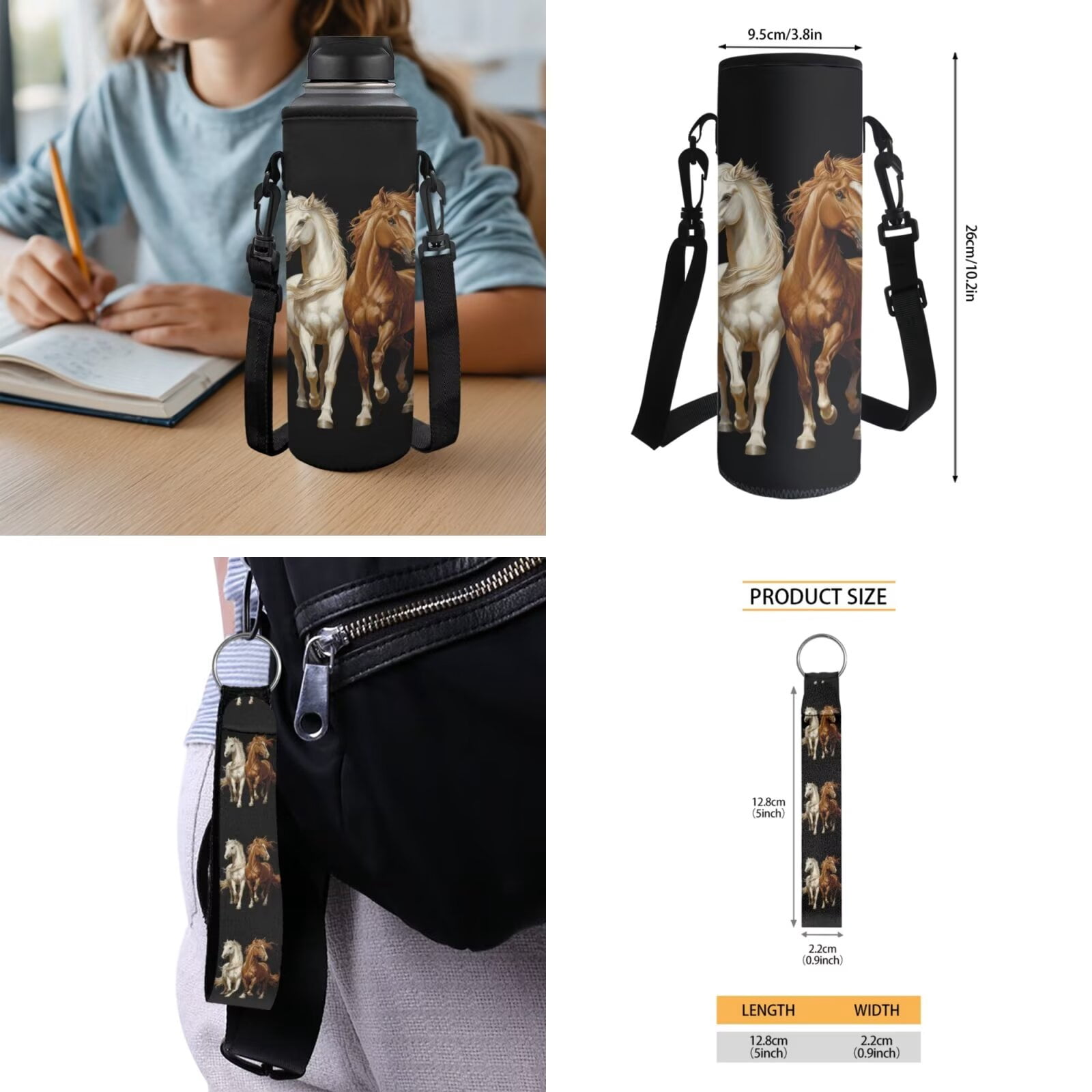 Pzuqiu Running Horses Boys Backpack Set of 5 School Bookbag Purse with Reusable Lunch Tote Bag Water Bottle Bag Pencil Case for Kids Elementary Schoolbags