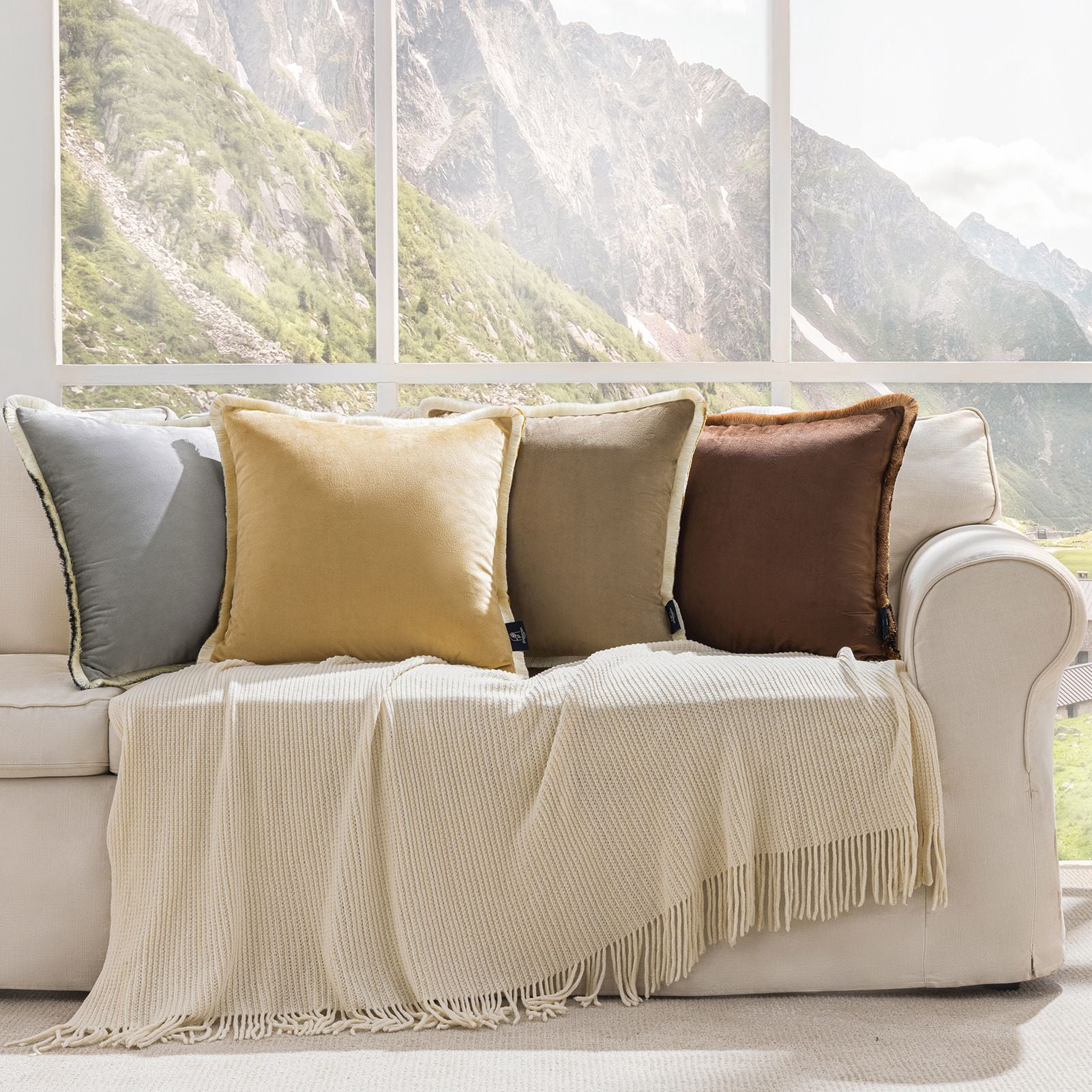 Phantoscope Velvet Decorative Throw Pillows with Inserts, Double-Sided Two-Tone Tassel Trim, 18 x 18 in, Light Coffee, 2 Pack