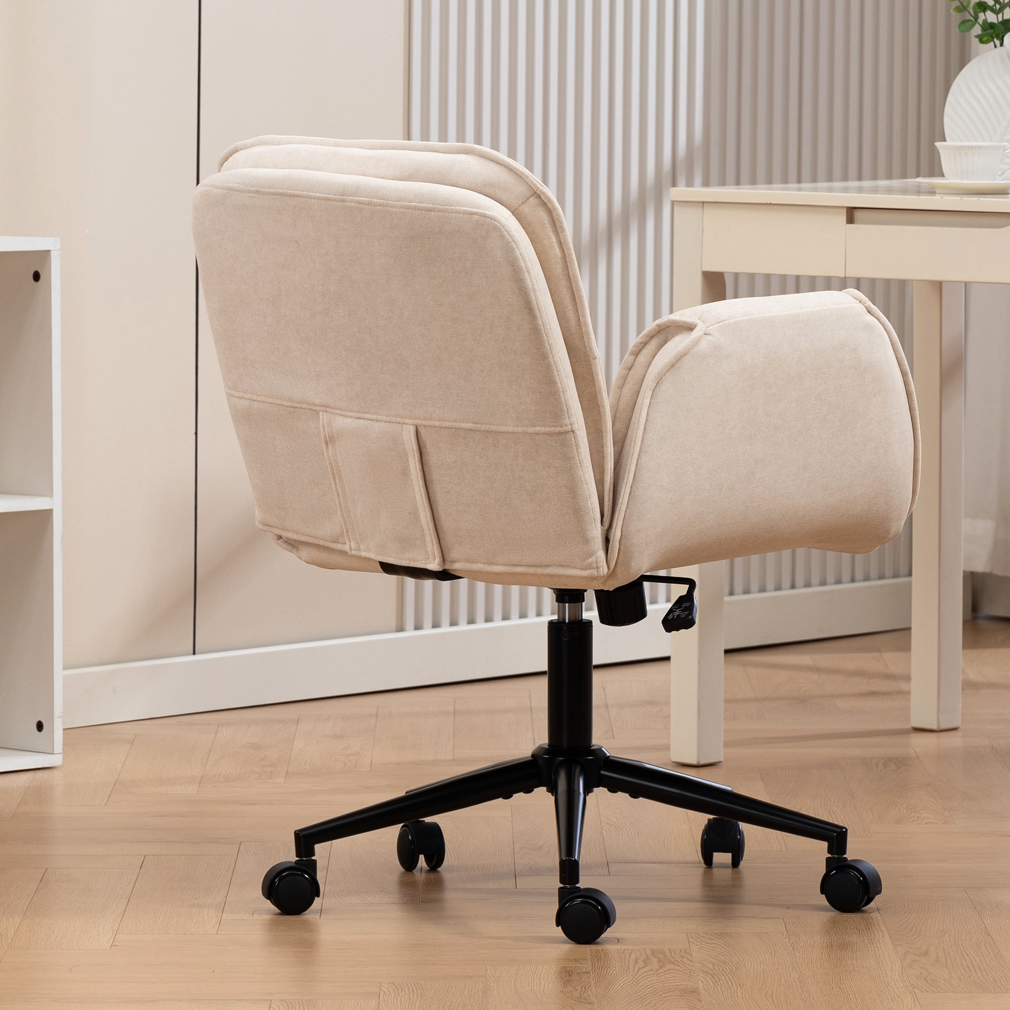 Jopath Criss Cross Chair with 5-Gear Adjustable Armrests and Wheels, Ergonomic Thickened Backrest Swivel Desk Chair for Home Office Vanity Bedroom and Living Room Beige Cloth