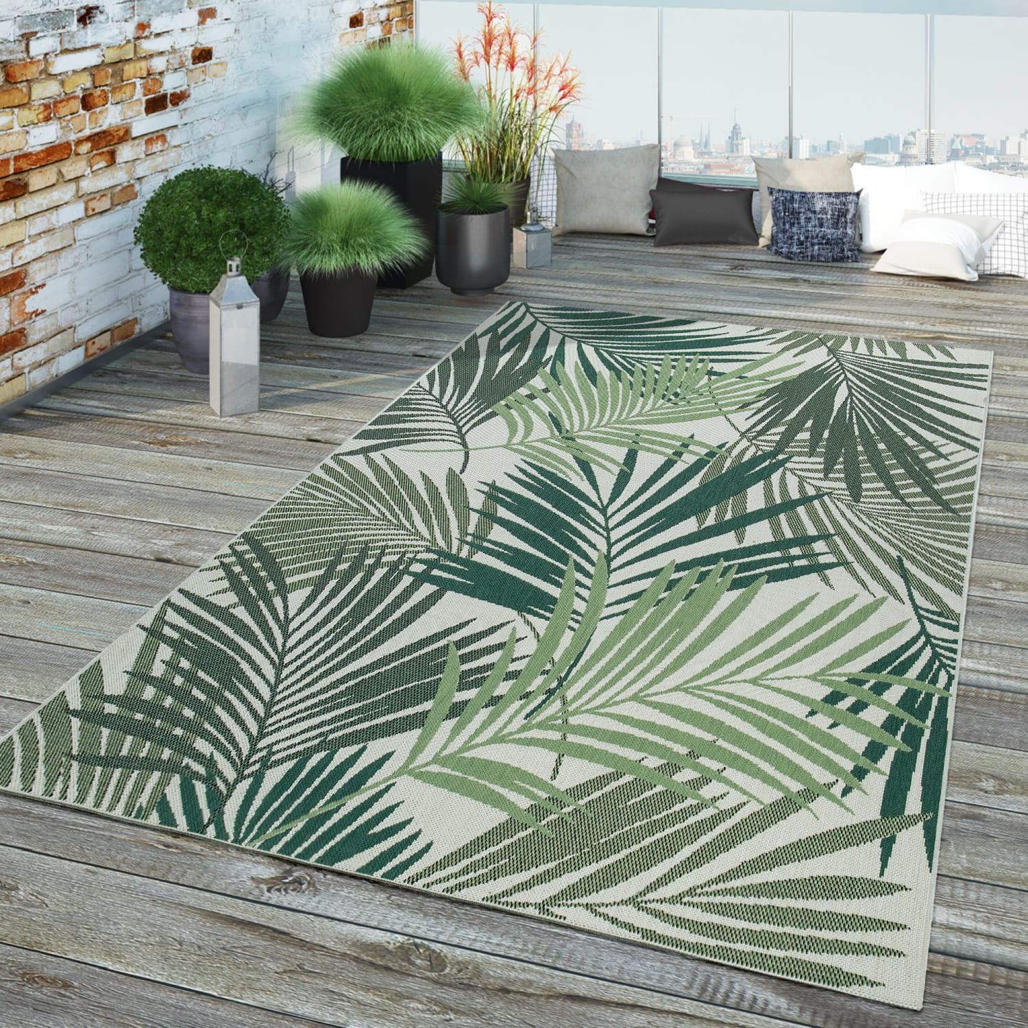 In- & Outdoor Rug Jungle Design with Palm Trees in Green White