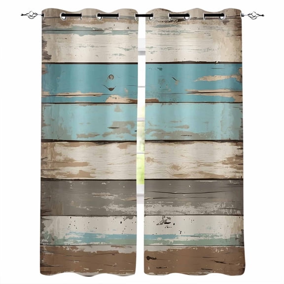 Farmhouse Blue Grey Brown Blackout Curtains for Bedroom/Living Room, Thermal Insulated Kitchen Curtains, Vintage Ombre Wooden Grommet Darkening Window Treatment Drapes 52"x84"x2