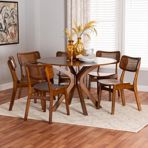 Baxton Studio Linnet Mid-Century Dining Set, 7-Piece, Walnut Brown