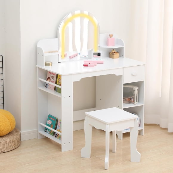 Ourlova Kids Vanity with Lighted Mirror - 2 in 1 Little Girls Vanity Table and Stool - Kids Makeup with Bookshelf/Drawer and Open Shelves for 3-9 Yrs Girls - White