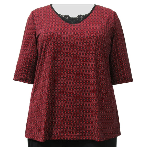 Viviana Women's Plus Size 3/4 Sleeve V-Neck Top - Red Dobbi - 5X