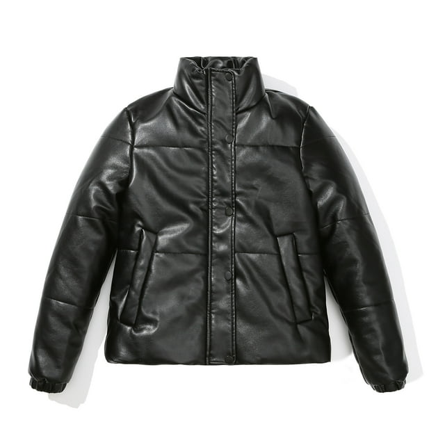 Women's Insulated Short PU Leather Jacket with Stand-Up Collar, Urban Style