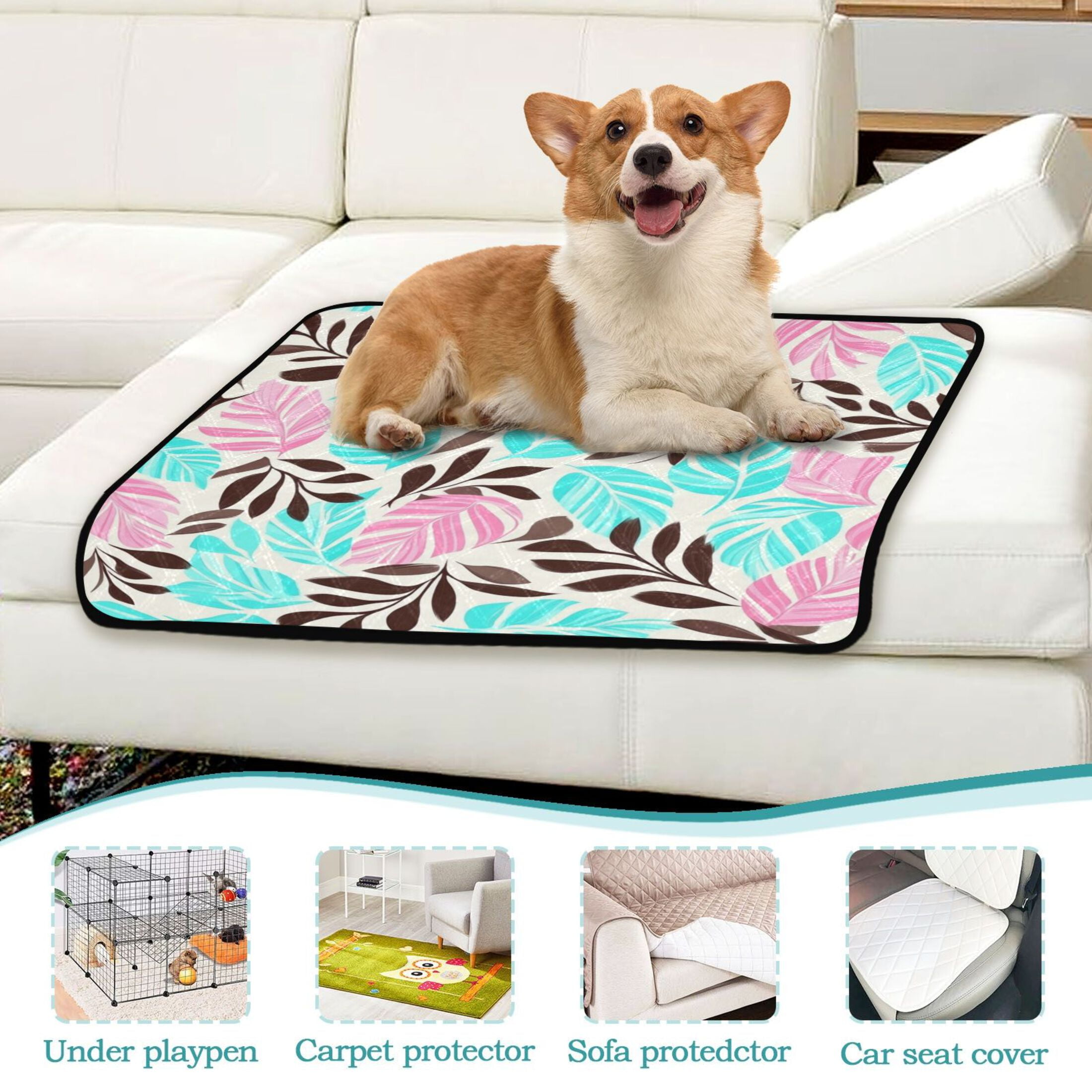Washable Pet Pee Pads with Super Absorbent Reusable Training Pads for Dogs & Cats Turquoise and Brown Leaf Seamless