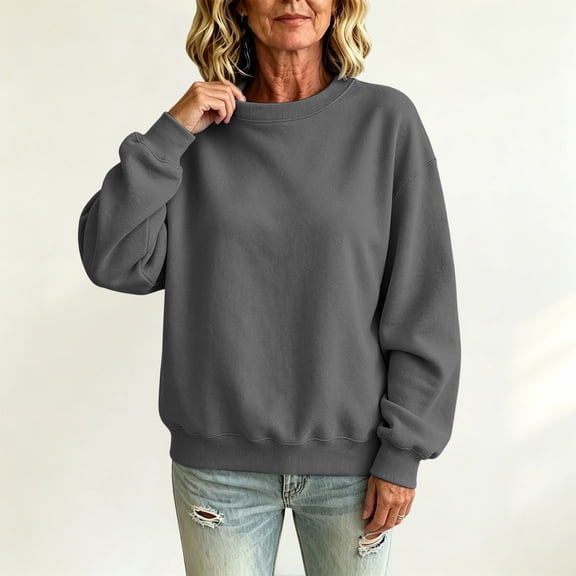 Womens Oversized Solid Crewneck Pullover Loose Fit Long Sleeve Fleece Sweatshirt Casual Airport Trip Daily Fall Winter Fashion Top Gray S