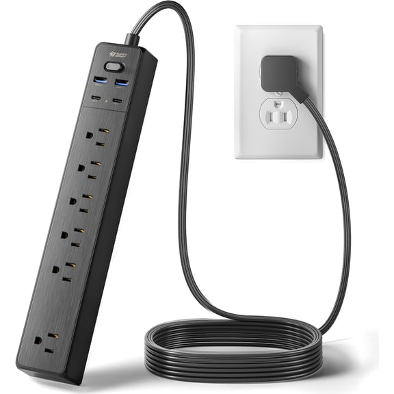 Power Strip 6-Outlet Sur Protector 4 USB Ports 4.5 Ft Extension Cord 900 Joules Mountable Overload Switch Protected Indicator Light Multiple Protections for Home Office Black
