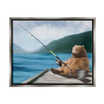 Stupell Bear Fishing Pole Lake Dock Animals & Insects Painting Gray Floater Framed Art Print Wall Art