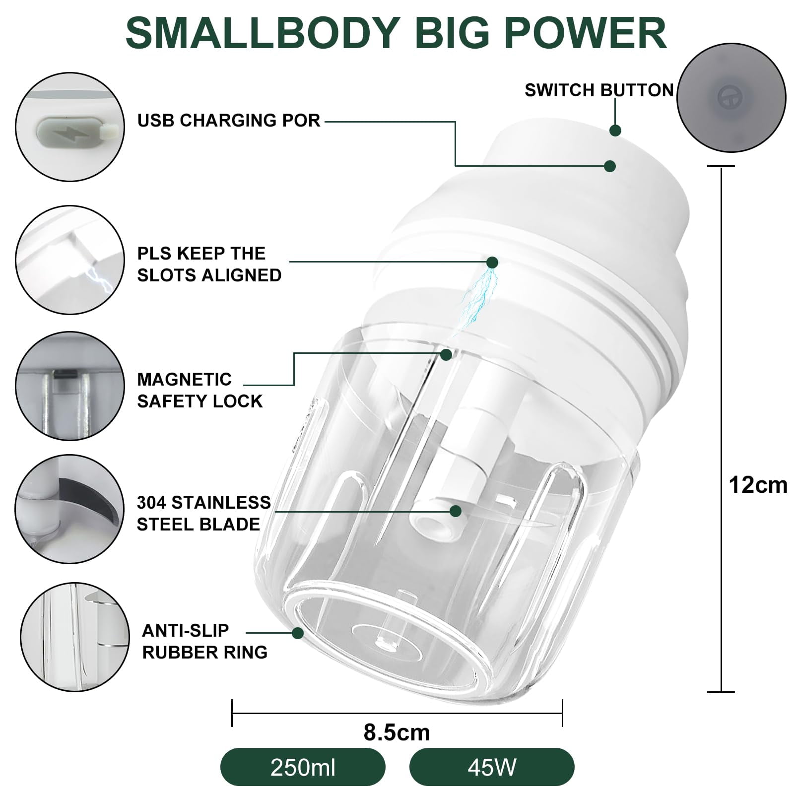 Electric Garlic Chopper 250ML, Mini Vegetable Chopper 2 in 1 Food Chopper Garlic Mincer with Egg Beater, Onion Chopper, USB Portable Small Food Processor for Veggie, Garlic, Ginger, Chili