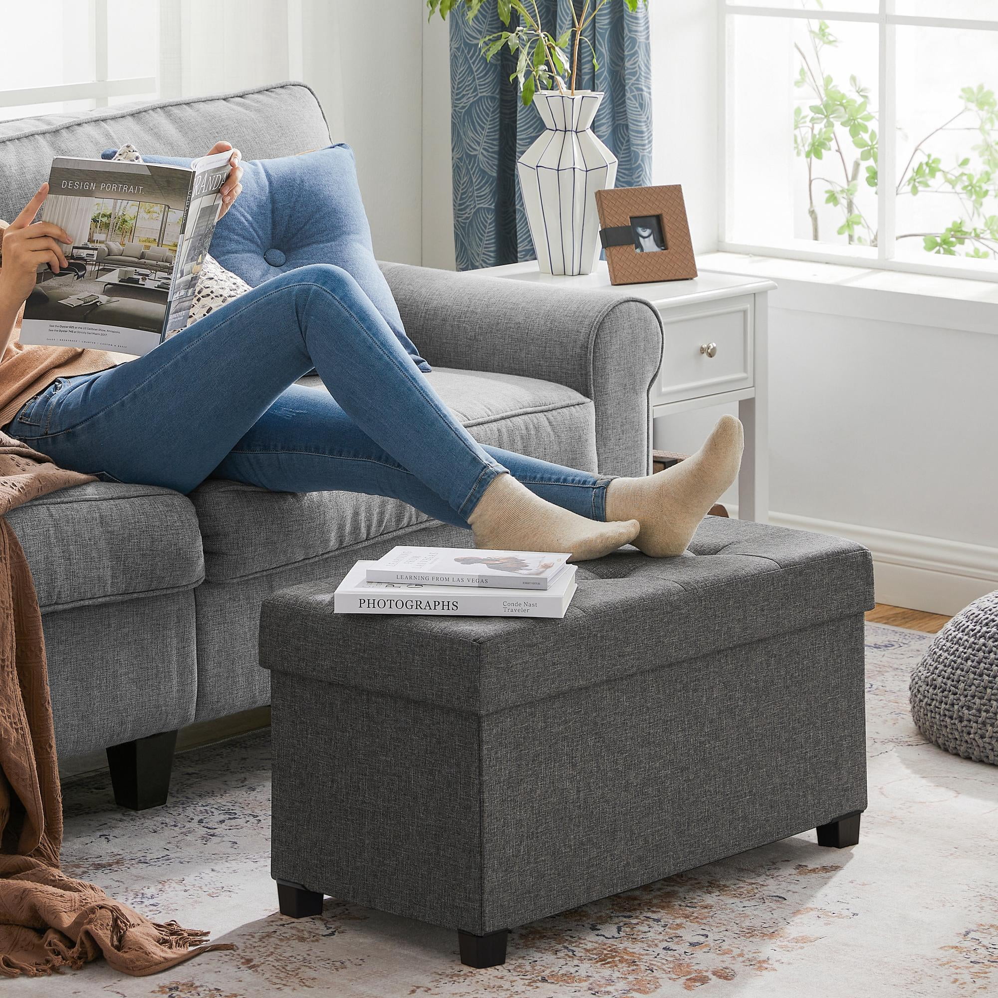 SONGMICS 30" Storage Ottoman Bench FoldingOttoman with Storage Foldable Foot Rest with Legs Load up to 660 lb for Living Room Bedroom Dark Gray