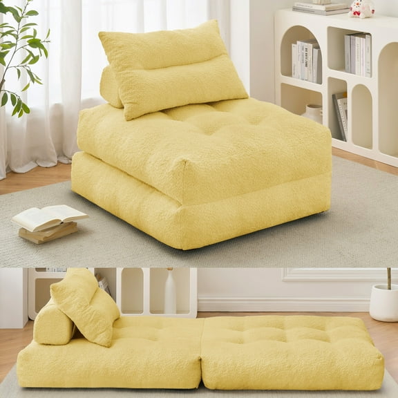 BEHOST 86" Foldable Teddy Futon Sofa Bed Couch, Convertible Sleeper for Apartment or Guest Room, Yellow